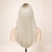 Back view of the Hugyoo Cool Blonde Silky Straight glueless human hair wig showing its length and texture.