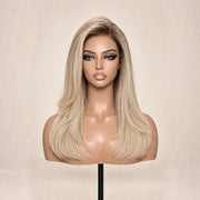 Front view of the Hugyoo Blonde Long Layered Blowout glueless human hair wig on a mannequin.