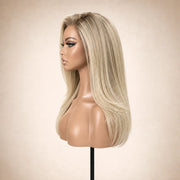 Side view of the Hugyoo Blonde Long Layered Blowout glueless human hair wig on a mannequin.