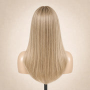 Back view of the Hugyoo Blonde Long Layered Blowout glueless human hair wig showing its length and texture.