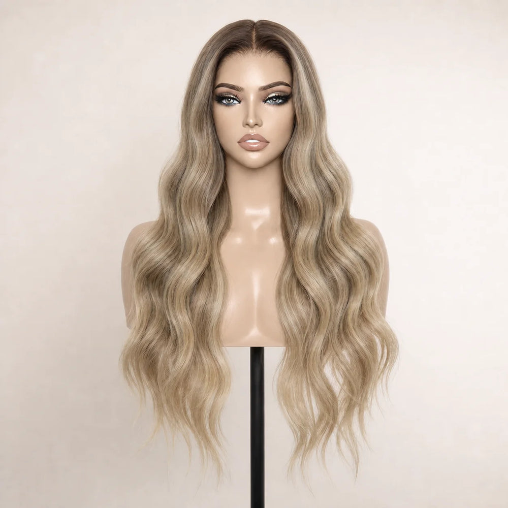 Front view of the Hugyoo Dark Root Ash Blonde Loose Wave glueless human hair wig on a mannequin.