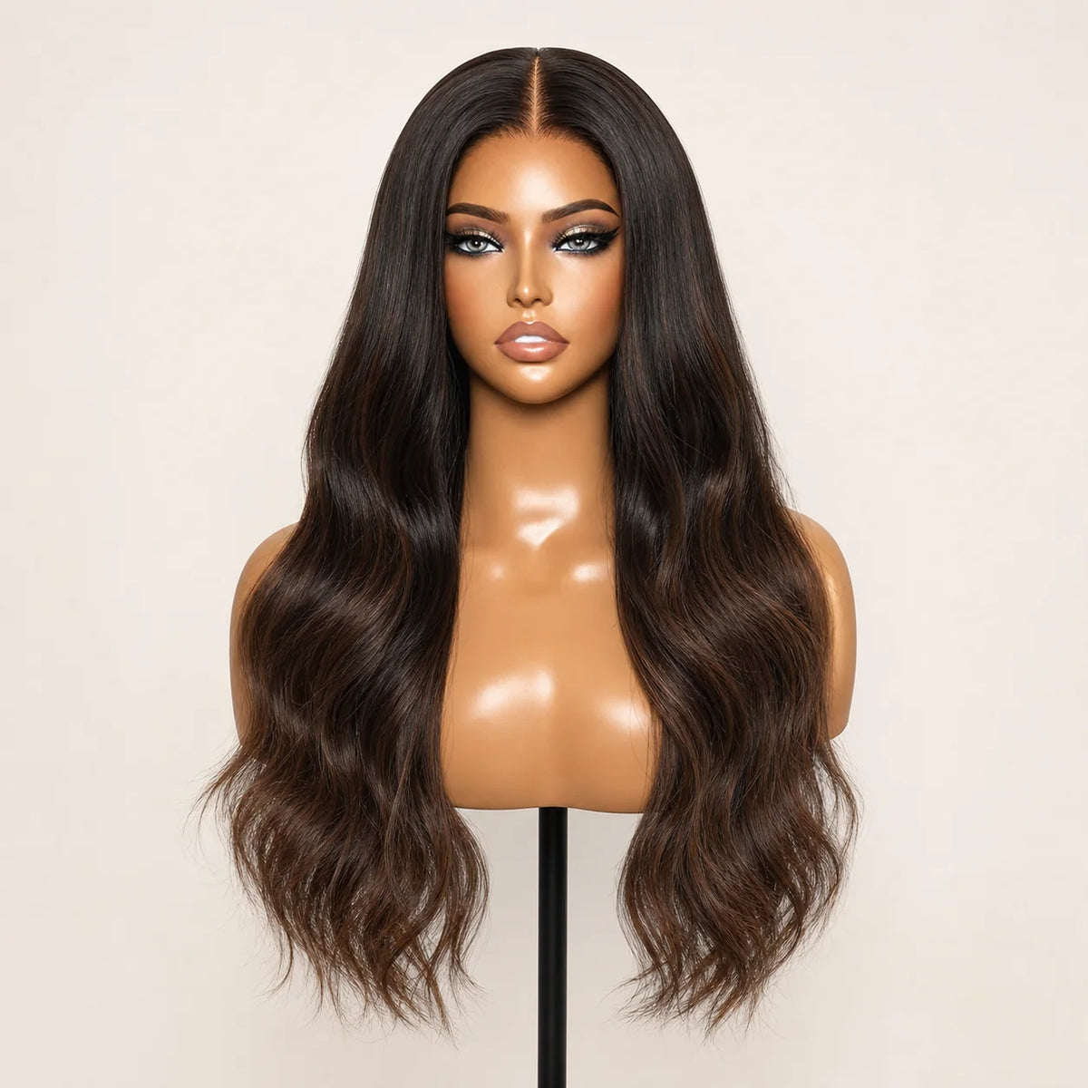 Front view of the Hugyoo Classic Brown Loose Wave glueless human hair wig on a mannequin.