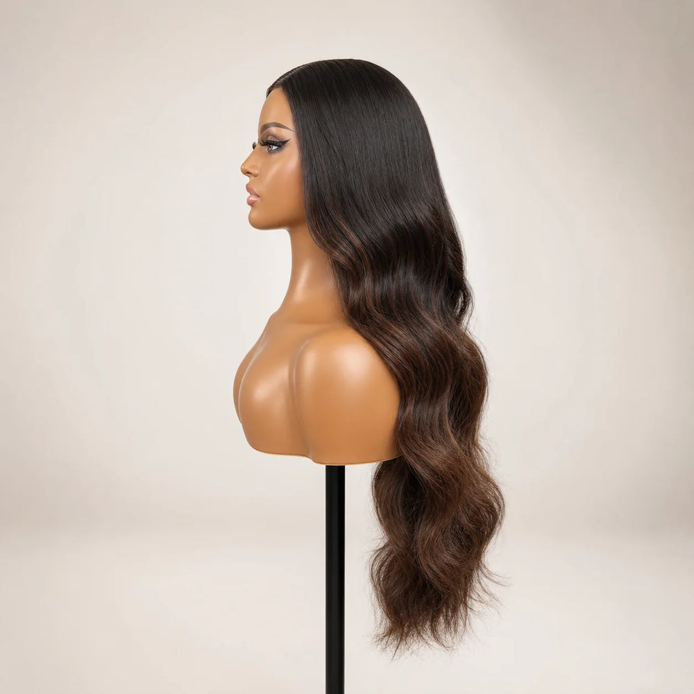Front view of the Hugyoo Classic Brown Loose Wave glueless human hair wig on a mannequin.
