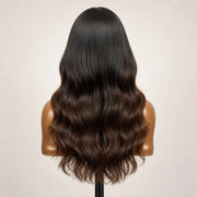 Back view of the Hugyoo Classic Brown Loose Wave glueless human hair wig showing its length and texture.