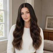 Woman wearing the Hugyoo Classic Brown Loose Wave glueless human hair wig in a lifestyle setting.
