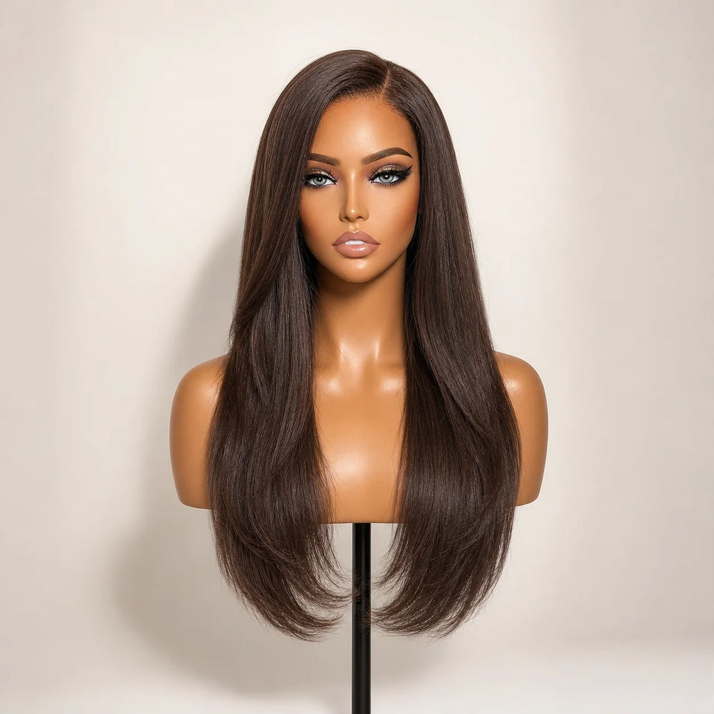 Front view of the Hugyoo Rich Brown Layered Straight glueless human hair wig on a mannequin.