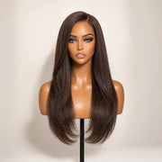 Front view of the Hugyoo Rich Brown Layered Straight glueless human hair wig on a mannequin.