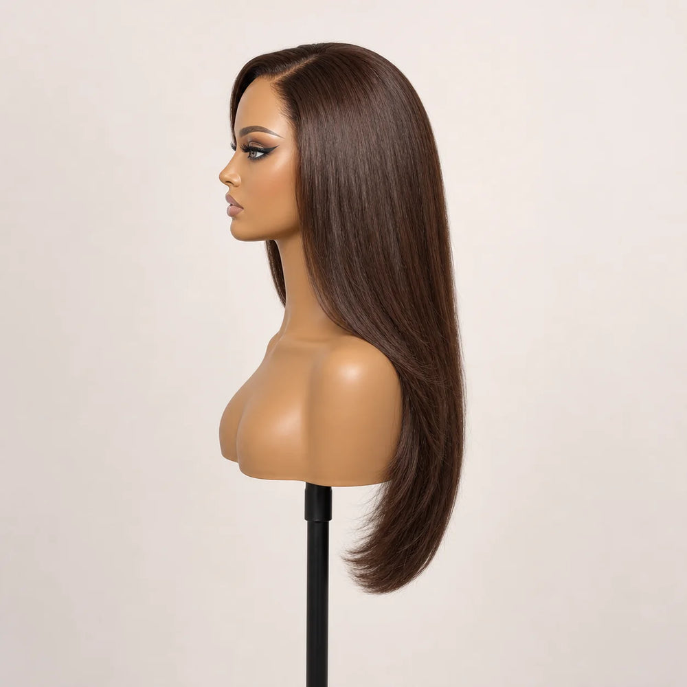 Front view of the Hugyoo Rich Brown Layered Straight glueless human hair wig on a mannequin.