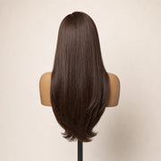 Back view of the Hugyoo Rich Brown Layered Straight glueless human hair wig showing its length and texture.