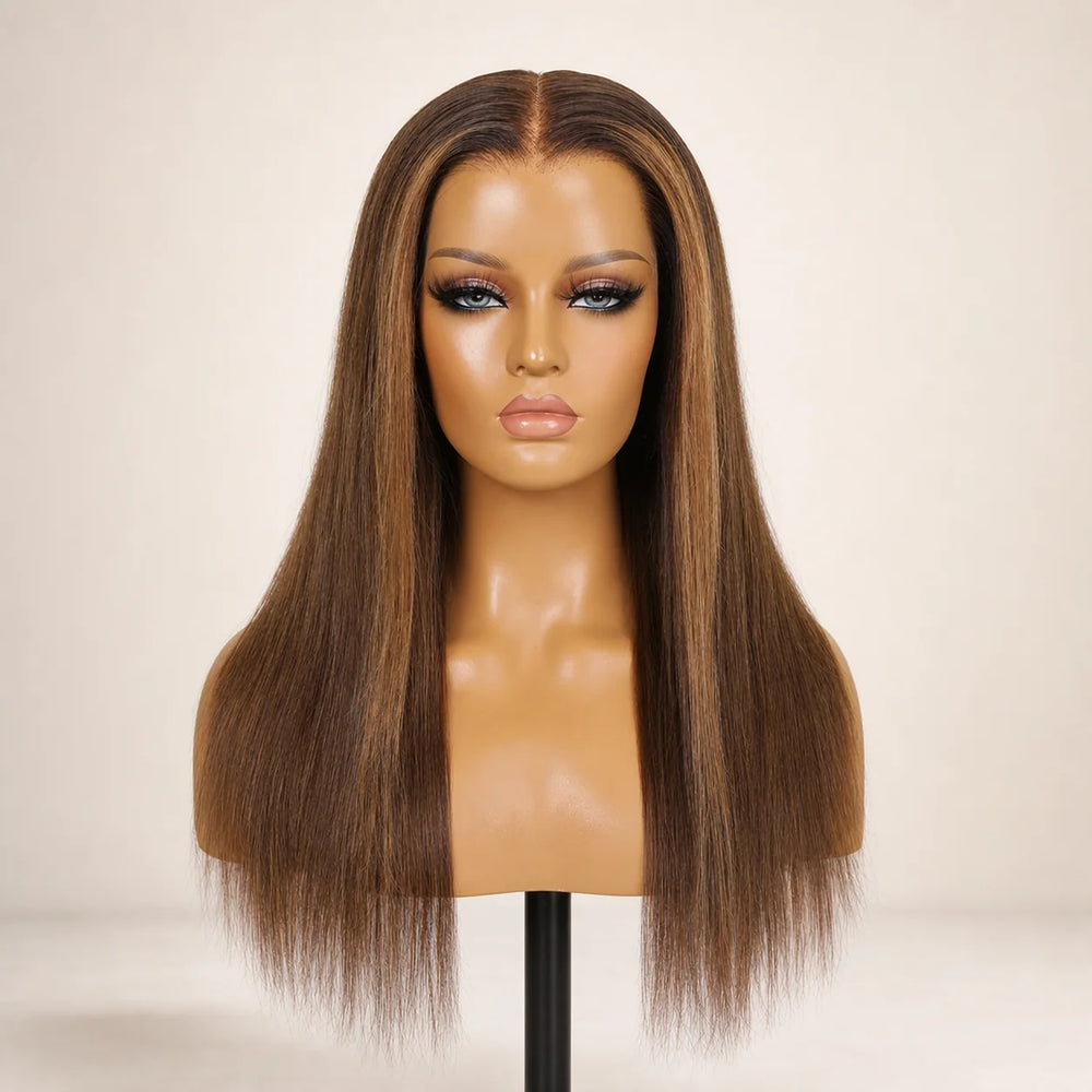 Front view of the Hugyoo Brown Highlights Silky Straight glueless human hair wig on a mannequin.