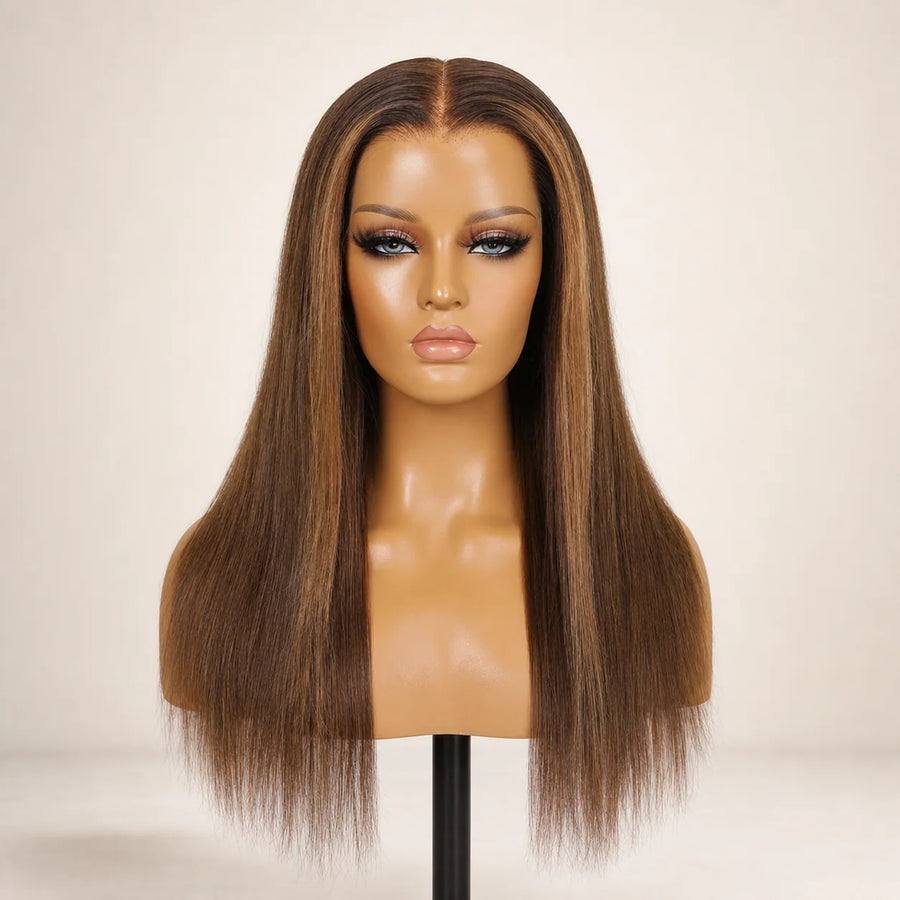 Front view of the Hugyoo Brown Highlights Silky Straight glueless human hair wig on a mannequin.