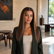Eine Frau trägt die HUGYOO Echthaarperücke „Brown Highlights Silky Straight“ für Halt ohne Kleber in einer Alltagsszene.