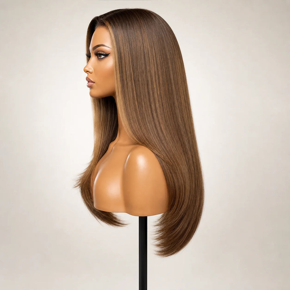 Front view of the Hugyoo Honey Brown Caramel Highlights Layered Straight glueless human hair wig on a mannequin.