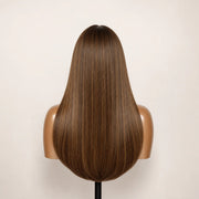 Back view of the Hugyoo Honey Brown Caramel Highlights Layered Straight glueless human hair wig showing its length and texture.