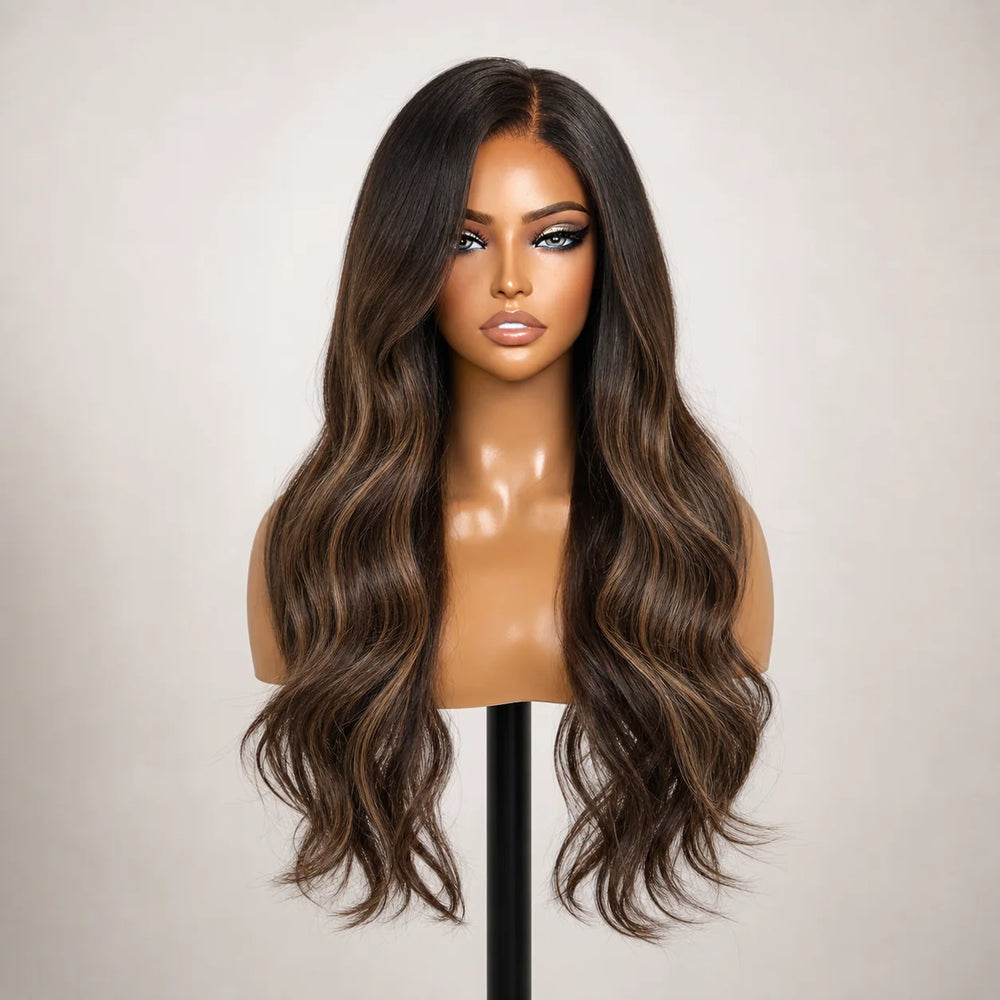 Front view of the Hugyoo Chestnut Balayage Loose Wave glueless human hair wig on a mannequin.