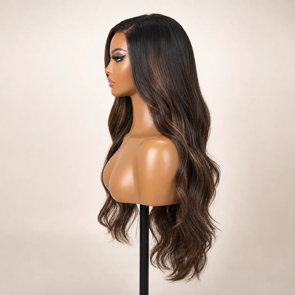 Front view of the Hugyoo Chestnut Balayage Loose Wave glueless human hair wig on a mannequin.