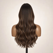 Back view of the Hugyoo Chestnut Balayage Loose Wave glueless human hair wig showing its length and texture.