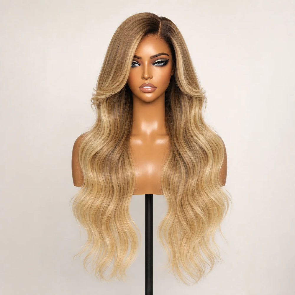 Front view of the Hugyoo Bronde Balayage Long Loose Wave glueless human hair wig on a mannequin.