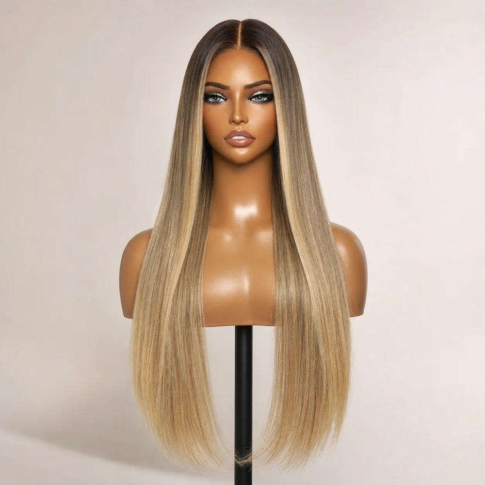 Front view of the Hugyoo Luxe Long Bronde Straight glueless human hair wig on a mannequin.