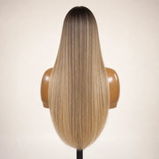 Back view of the Hugyoo Luxe Long Bronde Straight glueless human hair wig showing its length and texture.