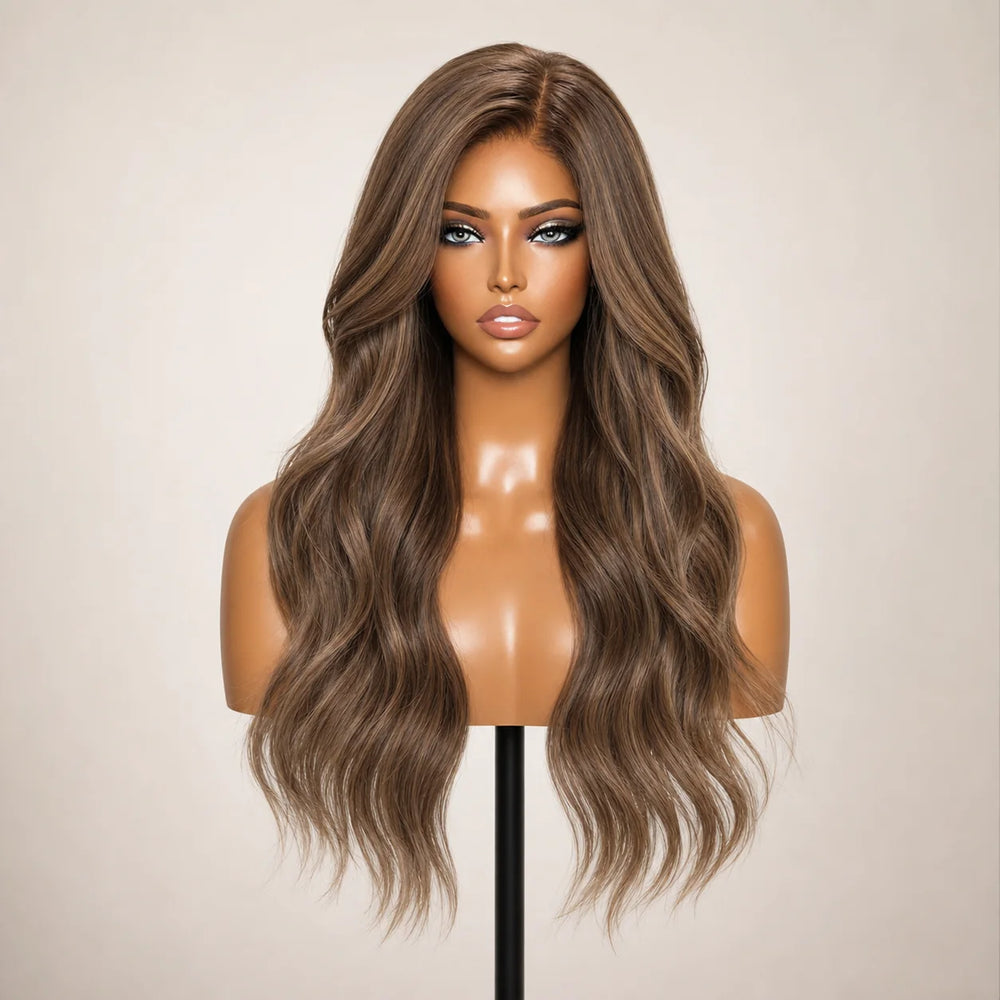 Front view of the Hugyoo Multi Dimensional Highlights Loose Wave glueless human hair wig on a mannequin.