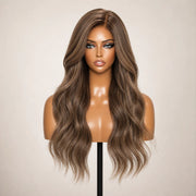 Front view of the Hugyoo Multi Dimensional Highlights Loose Wave glueless human hair wig on a mannequin.