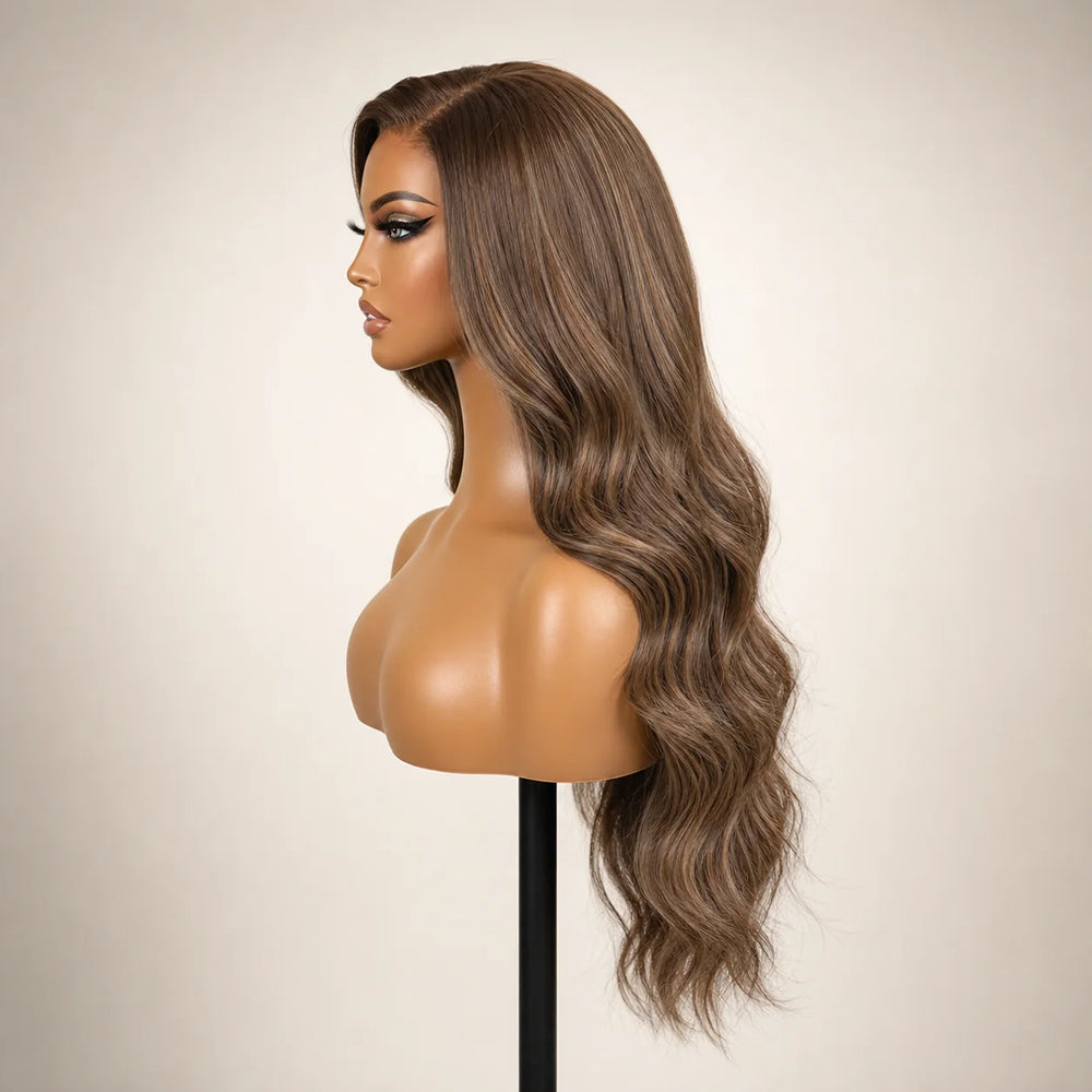 Front view of the Hugyoo Multi Dimensional Highlights Loose Wave glueless human hair wig on a mannequin.