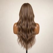 Back view of the Hugyoo Multi Dimensional Highlights Loose Wave glueless human hair wig showing its length and texture.