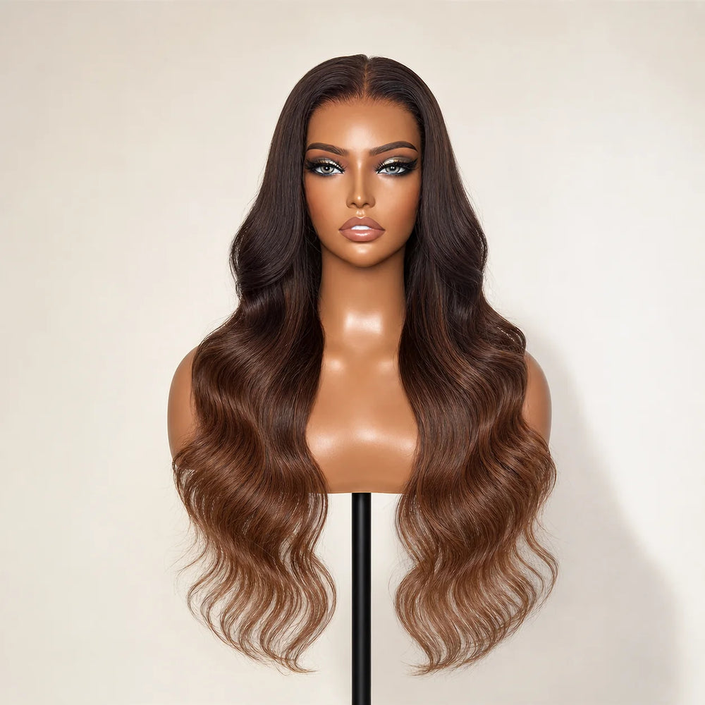 Front view of the Hugyoo Copper Loose Wave glueless human hair wig on a mannequin.