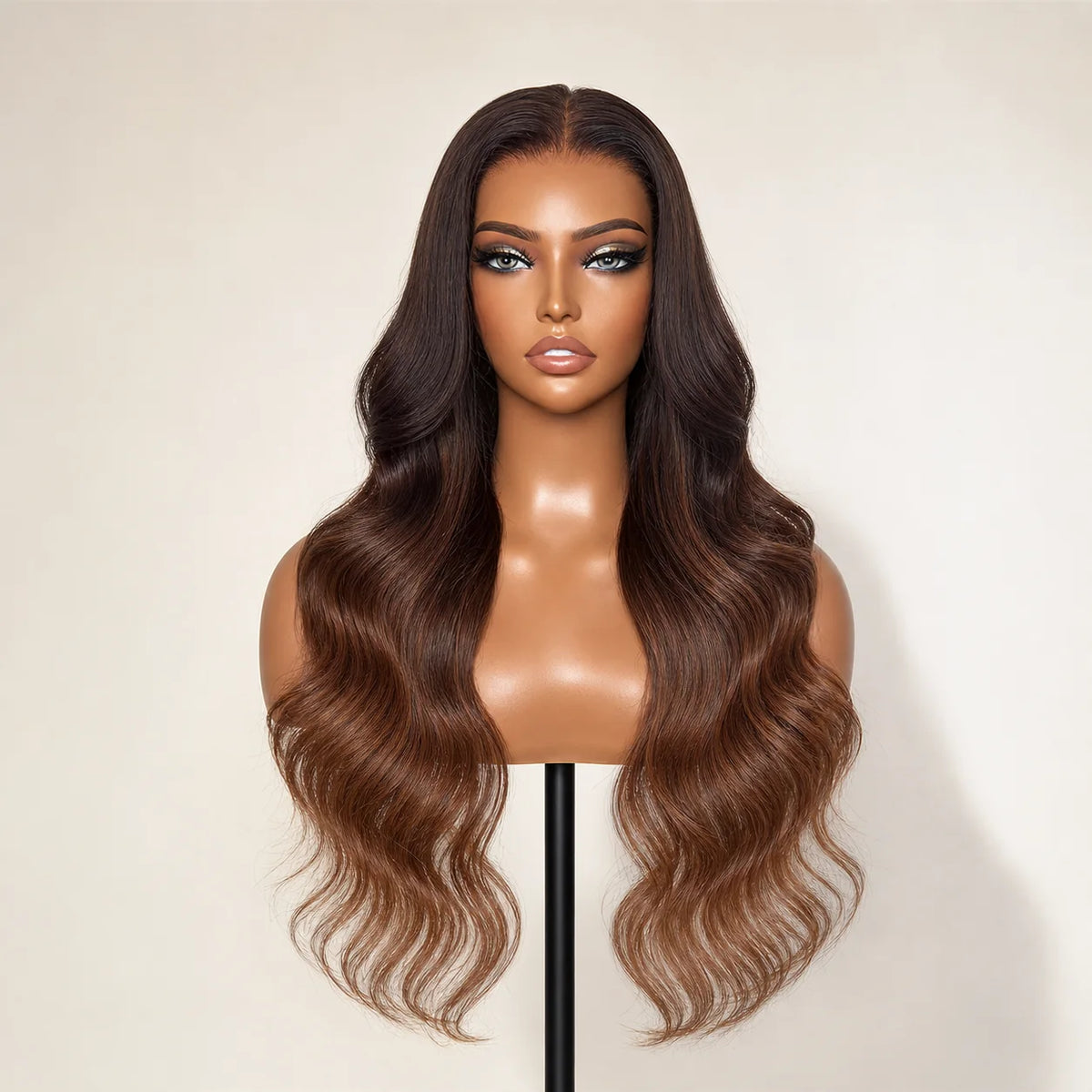 Front view of the Hugyoo Copper Loose Wave glueless human hair wig on a mannequin.
