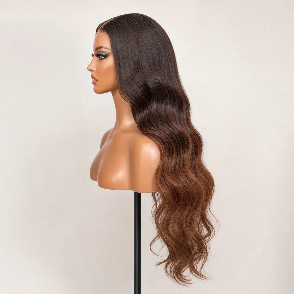 Front view of the Hugyoo Copper Loose Wave glueless human hair wig on a mannequin.