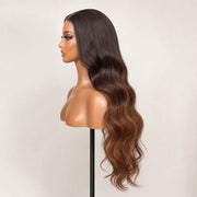 Side view of the Hugyoo Copper Loose Wave glueless human hair wig on a mannequin.