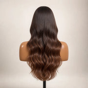 Back view of the Hugyoo Copper Loose Wave glueless human hair wig showing its length and texture.