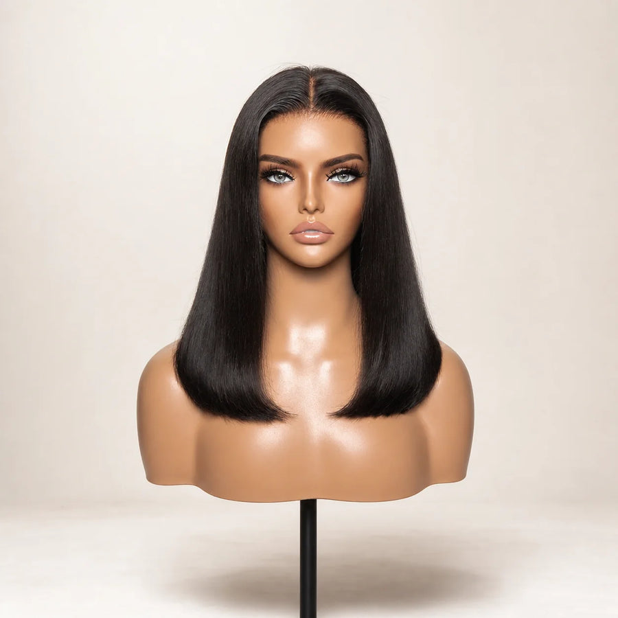 Front view of the Hugyoo Natural Black Bob glueless human hair wig on a mannequin.