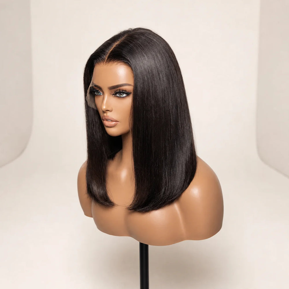 Front view of the Hugyoo Natural Black Bob glueless human hair wig on a mannequin.
