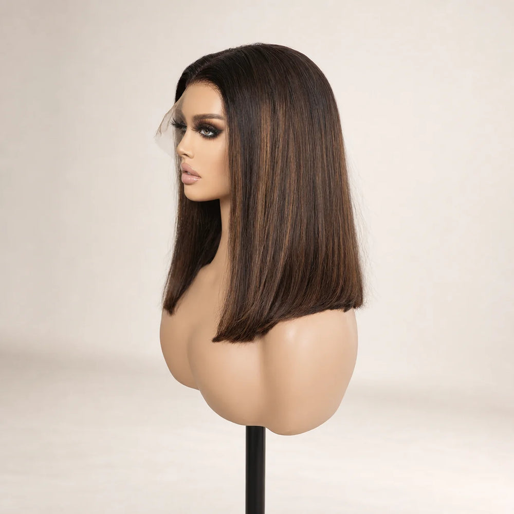 Front view of the Hugyoo Brown Bob glueless human hair wig on a mannequin.