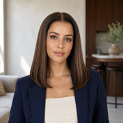 Woman wearing the Hugyoo Brown Bob glueless human hair wig in a lifestyle setting.