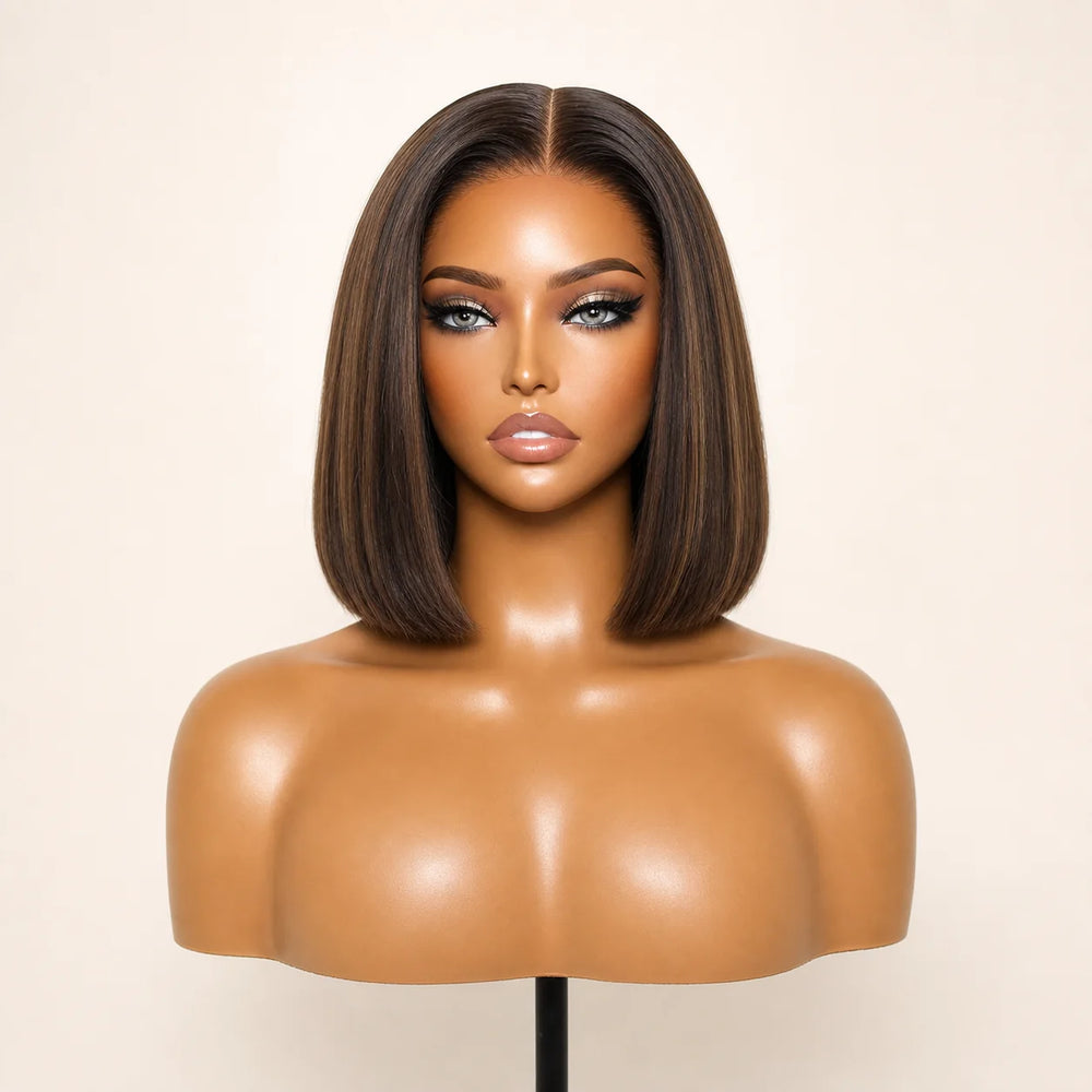 Front view of the Hugyoo Brunette Short Bob glueless human hair wig on a mannequin.
