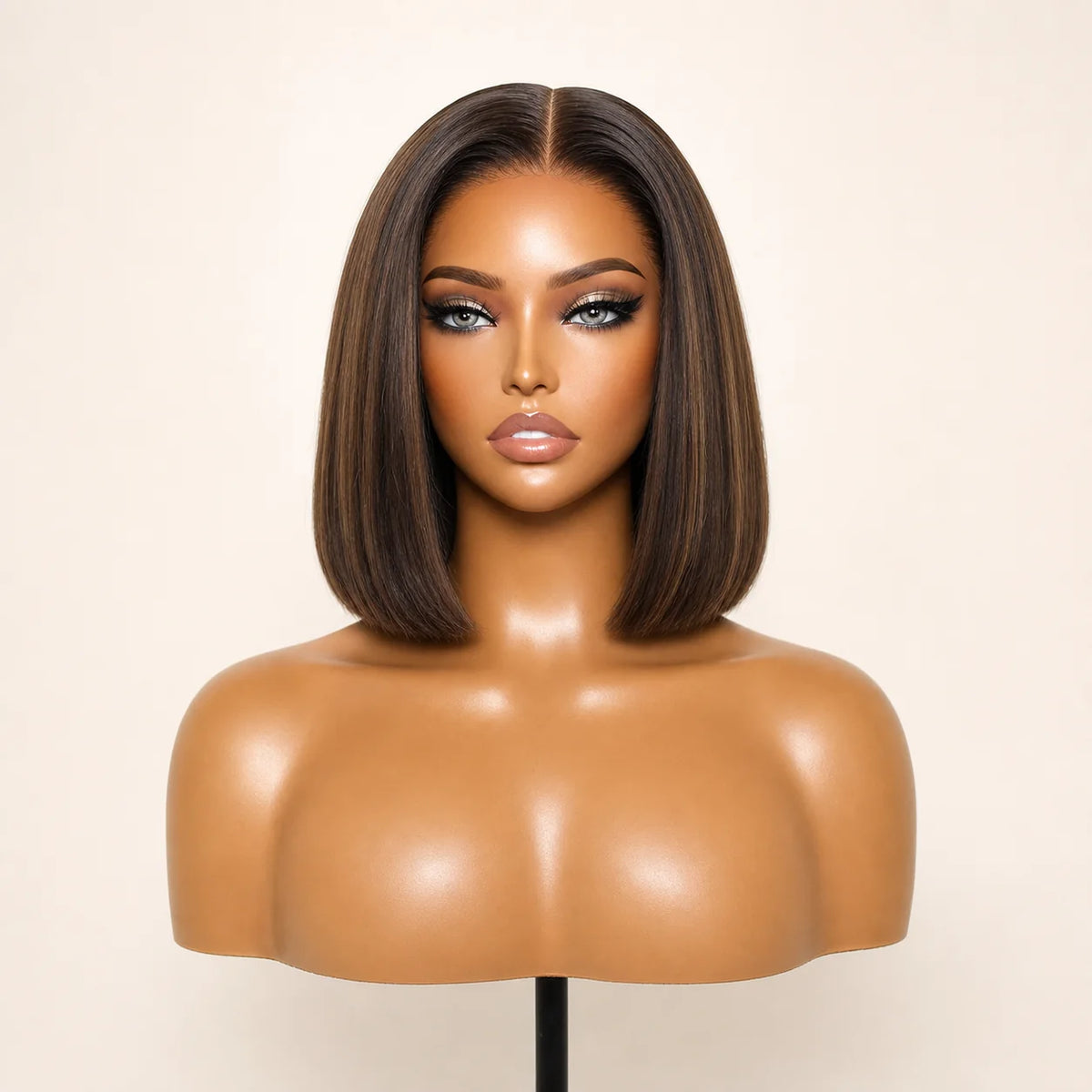 Front view of the Hugyoo Brunette Short Bob glueless human hair wig on a mannequin.