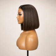Side view of the Hugyoo Brunette Short Bob glueless human hair wig on a mannequin.