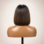 Back view of the Hugyoo Brunette Short Bob glueless human hair wig showing its length and texture.