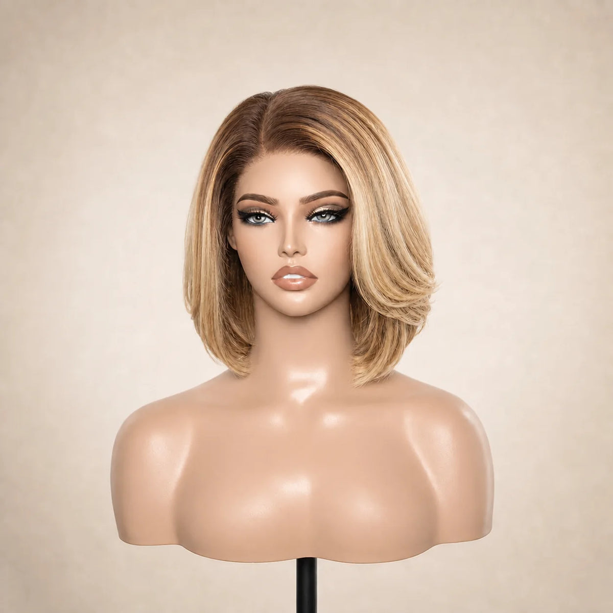 Front view of the Hugyoo Dark Root Blonde Short Bob glueless human hair wig on a mannequin.