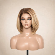 Front view of the Hugyoo Dark Root Blonde Short Bob glueless human hair wig on a mannequin.
