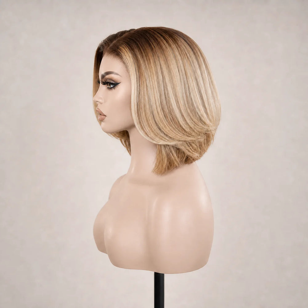 Front view of the Hugyoo Dark Root Blonde Short Bob glueless human hair wig on a mannequin.