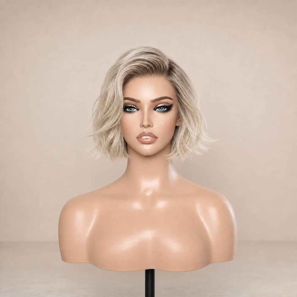 Front view of the Hugyoo Cool Blonde Textured Bob glueless human hair wig on a mannequin.