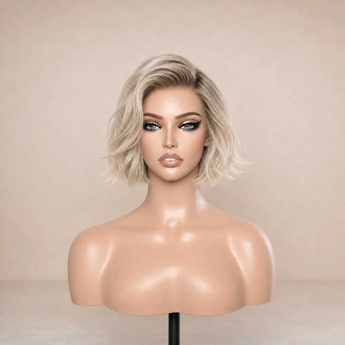 Front view of the Hugyoo Cool Blonde Textured Bob glueless human hair wig on a mannequin.