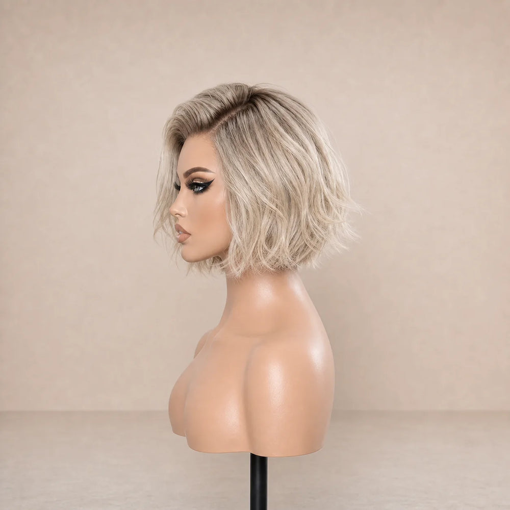 Front view of the Hugyoo Cool Blonde Textured Bob glueless human hair wig on a mannequin.