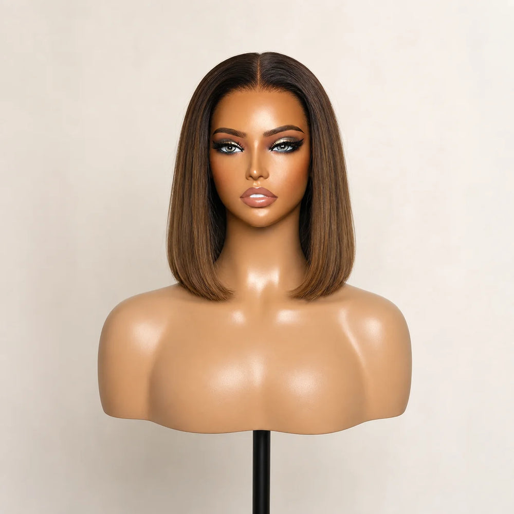 Front view of the Hugyoo Balayage Bob glueless human hair wig on a mannequin.