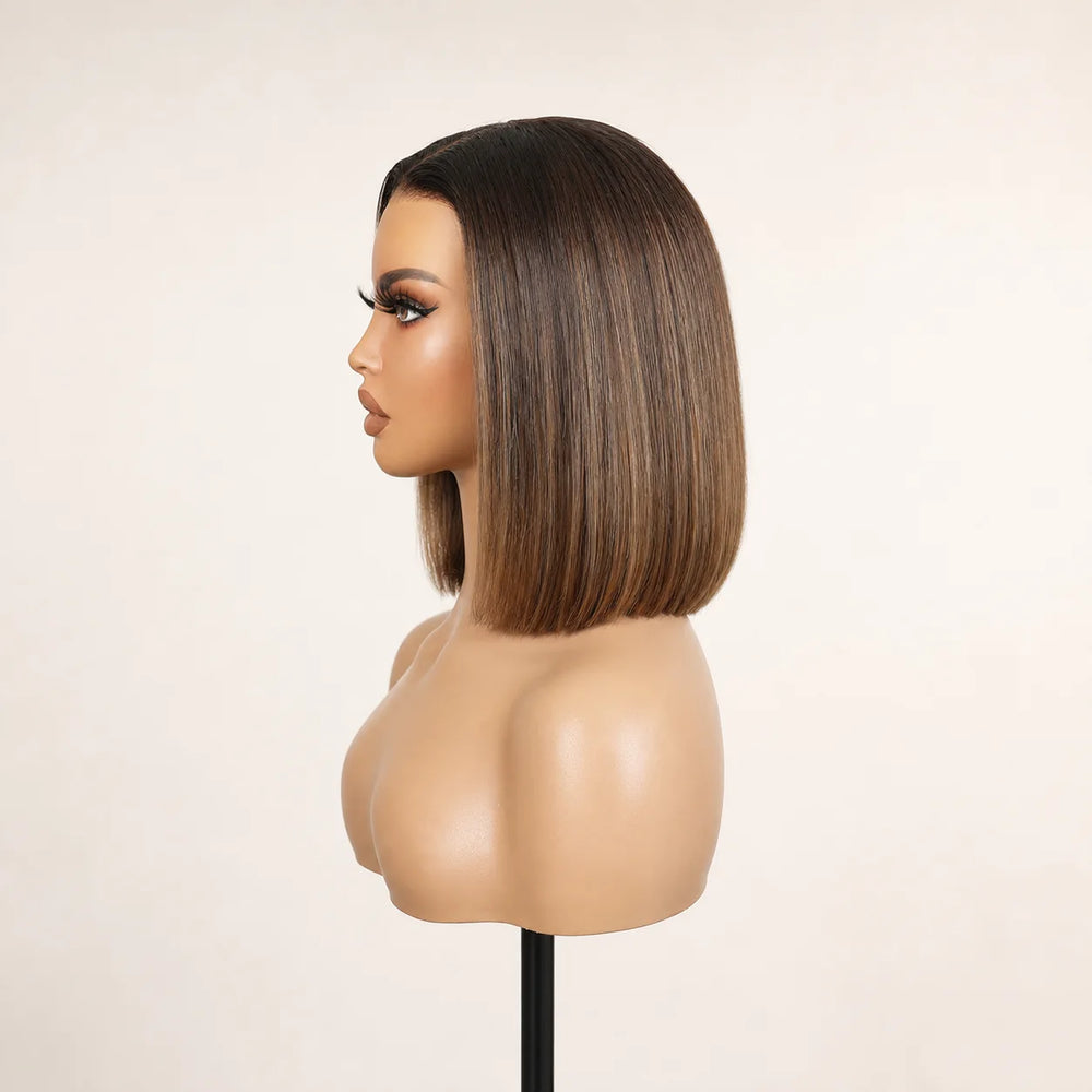 Front view of the Hugyoo Balayage Bob glueless human hair wig on a mannequin.