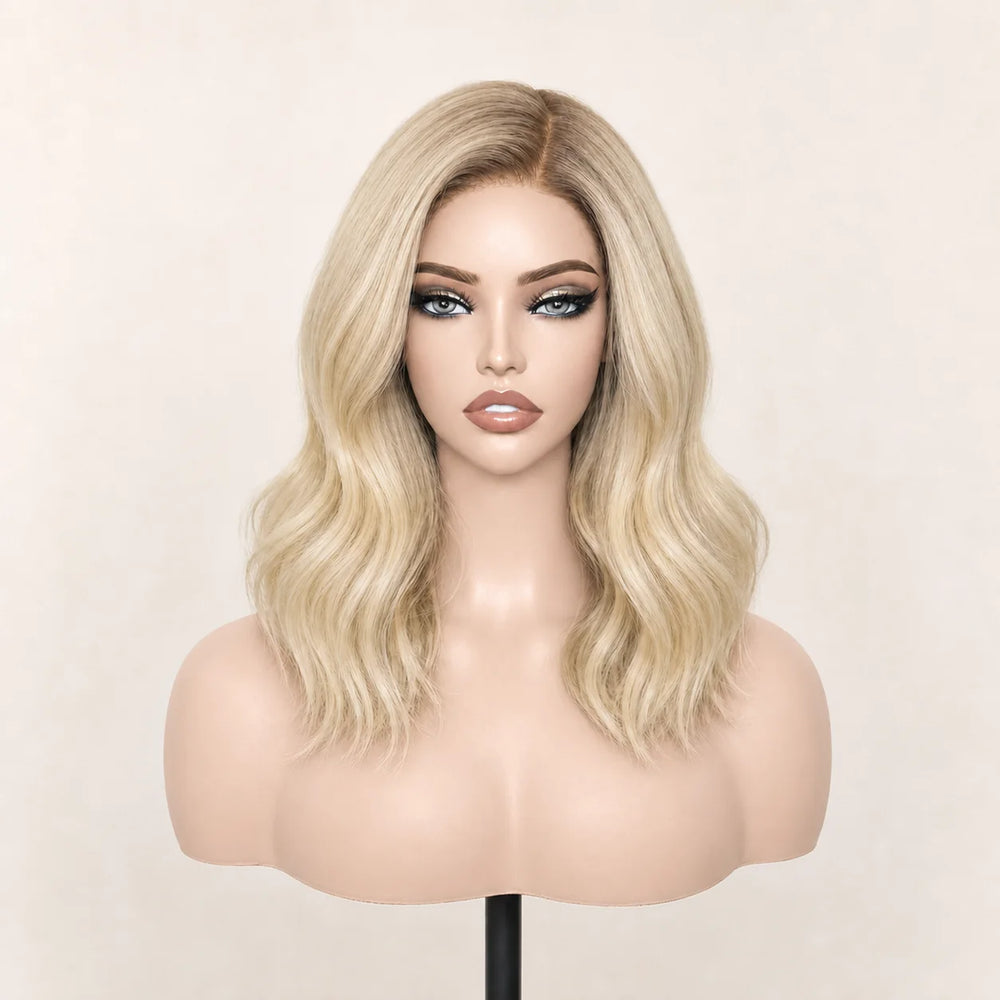 Front view of the Hugyoo Blonde Bob Side Part glueless human hair wig on a mannequin.